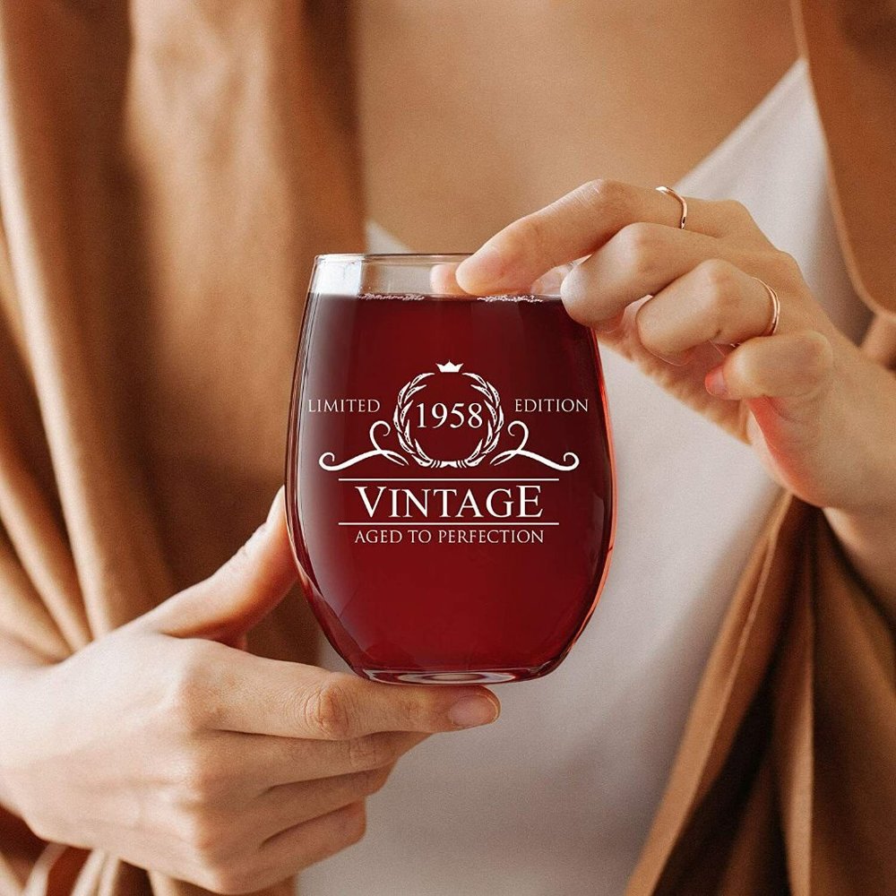 NEW Birthday Gift for Women Men 1958 Vintage 15oz Stemless Wine Glass